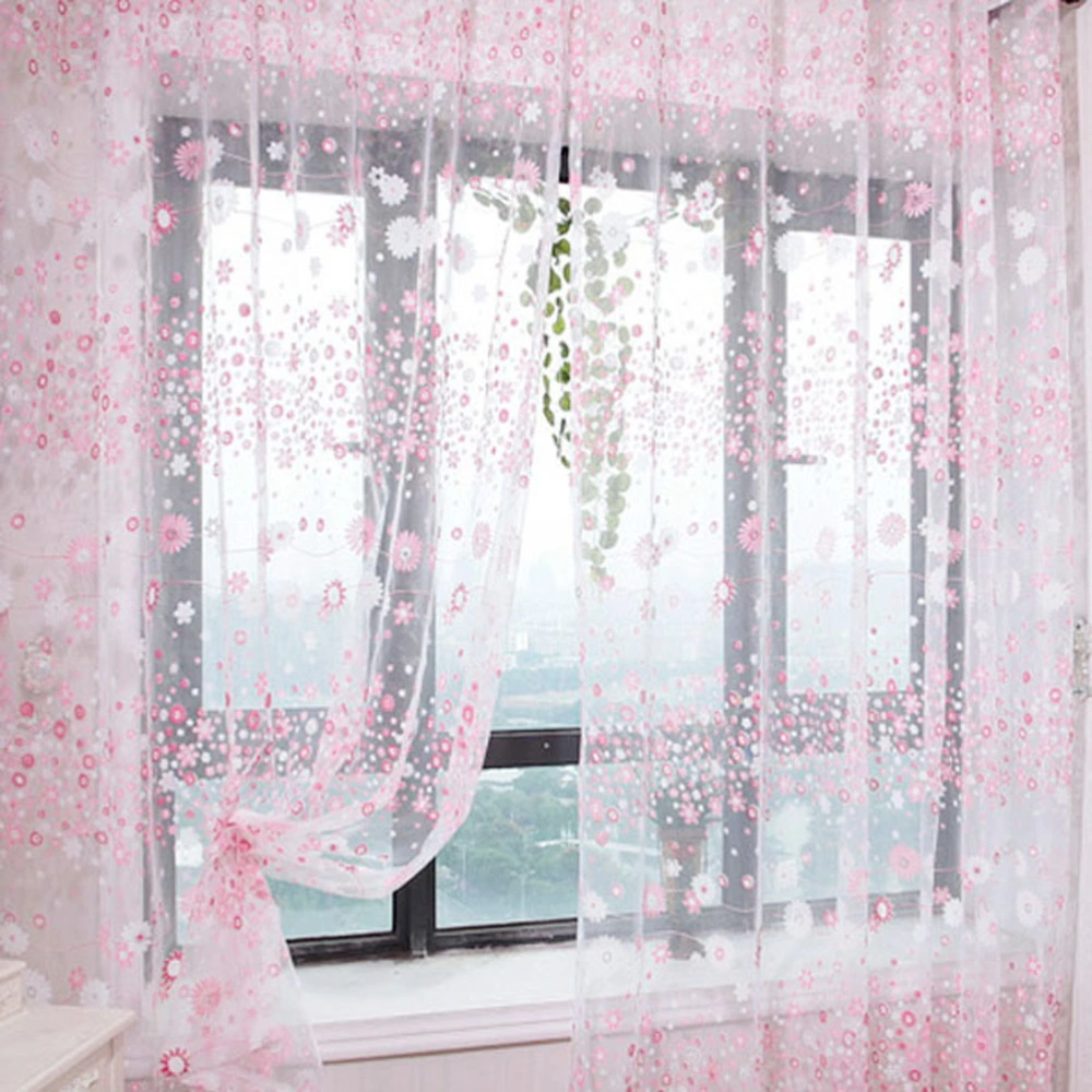 Floral Tulle Window Sheer Rod Pocket Voile Curtains for Bedroom Living Room 100x200cm (Pink)