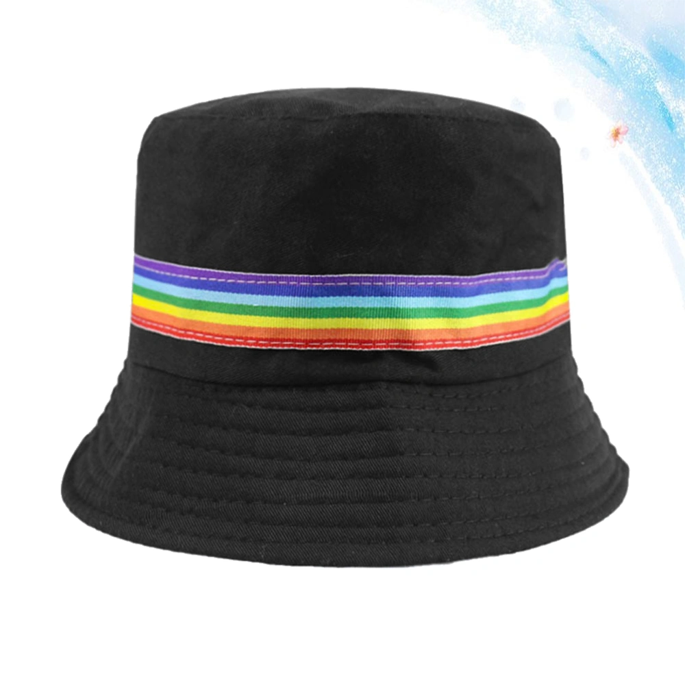 1pc Fashion Bucket Hat Fisherman Hat Cotton Sun Protection Hat Rainbow Stripe Sunhat for Women Men (Black)