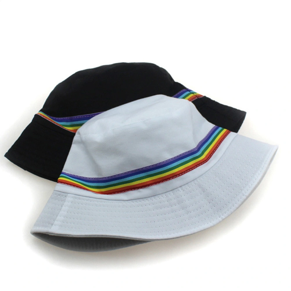 1pc Fashion Bucket Hat Fisherman Hat Cotton Sun Protection Hat Rainbow Stripe Sunhat for Women Men (Black)
