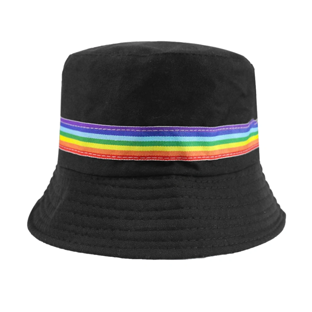 1pc Fashion Bucket Hat Fisherman Hat Cotton Sun Protection Hat Rainbow Stripe Sunhat for Women Men (Black)