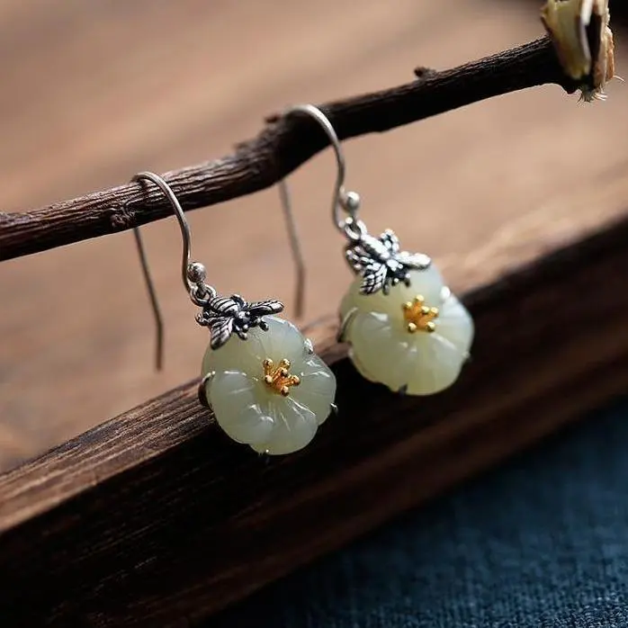 Retro Original 925 Silver Needle Bee Honey White Jade Camellia Earrings