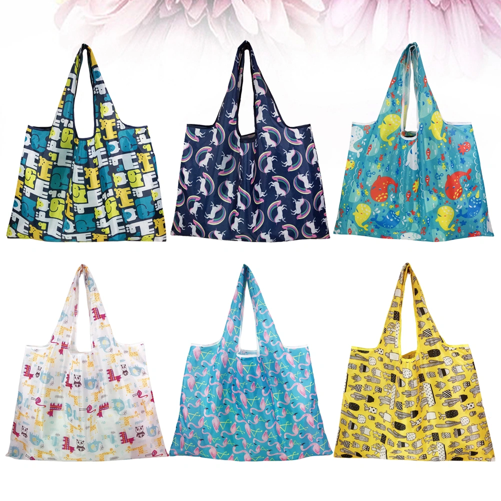 6pcs Eco-friendly Oxford Cloth Shopping Bags Foldable Storage Pouches Portable Outdoor Tote Bags(Yellow Cactus, Rainbow Horse, Blue Animal, Blue Flamingo, Animal Park, Little Whale)