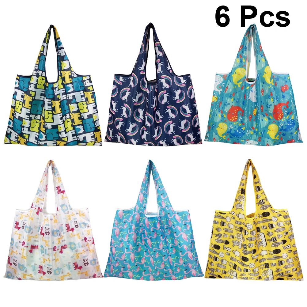 6pcs Eco-friendly Oxford Cloth Shopping Bags Foldable Storage Pouches Portable Outdoor Tote Bags(Yellow Cactus, Rainbow Horse, Blue Animal, Blue Flamingo, Animal Park, Little Whale)