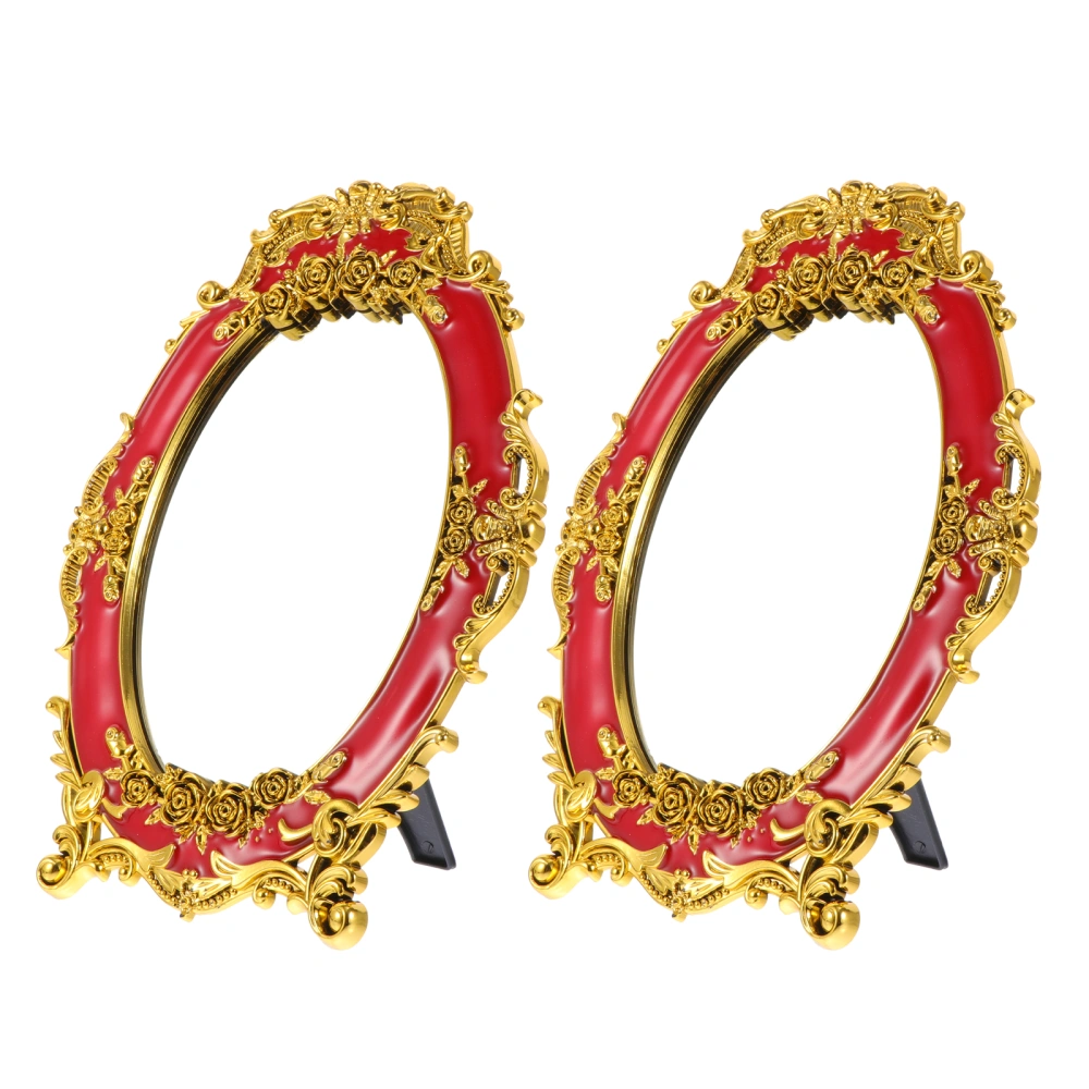 2Pcs Vintage Bride Wedding Makeup Mirrors Oval Mirrors Desktop Mirrors Red