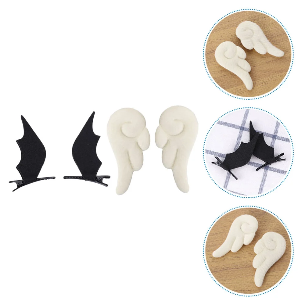 2 Pairs Angel Wings Hairpins Cartoon Leather Hair Clips Non Clamps Lovely Headdress Adornment for Girl (White Angle Pattern + Black Pattern)