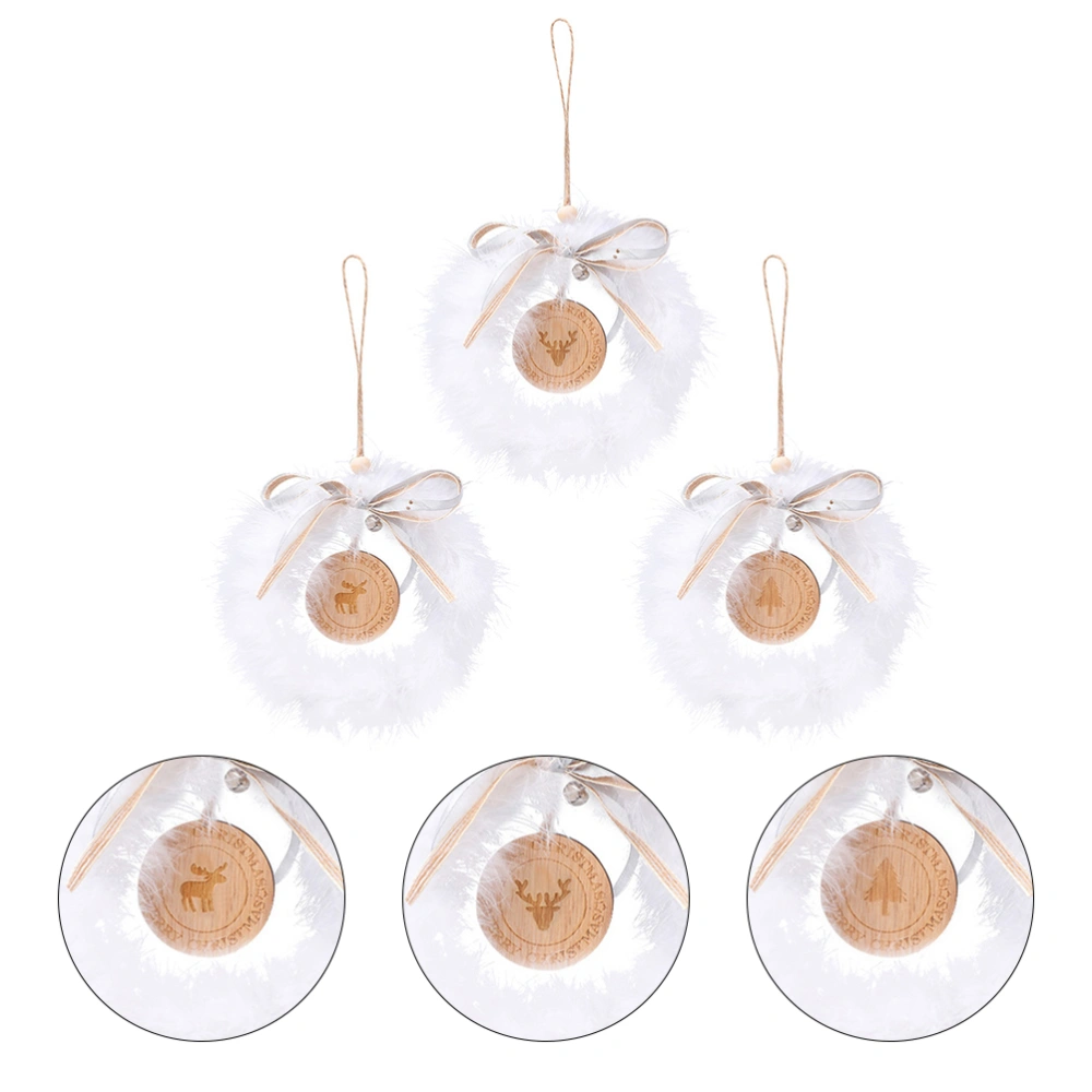 3Pcs Christmas White Feather Rattan Bow Bell Wreath Wooden Hanging Decorations