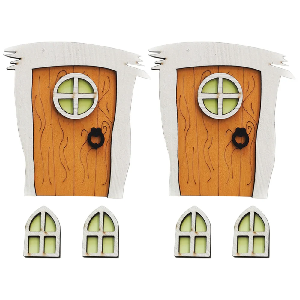 2 Sets Courtyard Garden Wood Fluorescent Windows And Doors Garden Decorative Ornaments