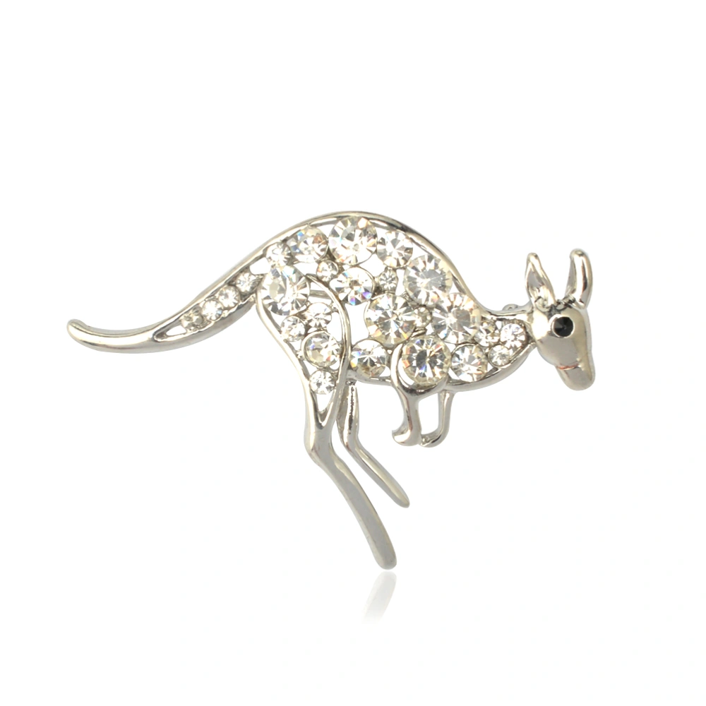 Animal Brooch with Crystal Rhinestones Kangaroo Shaped Delicate Lapel Pin Jewelry Accessories(Silver)