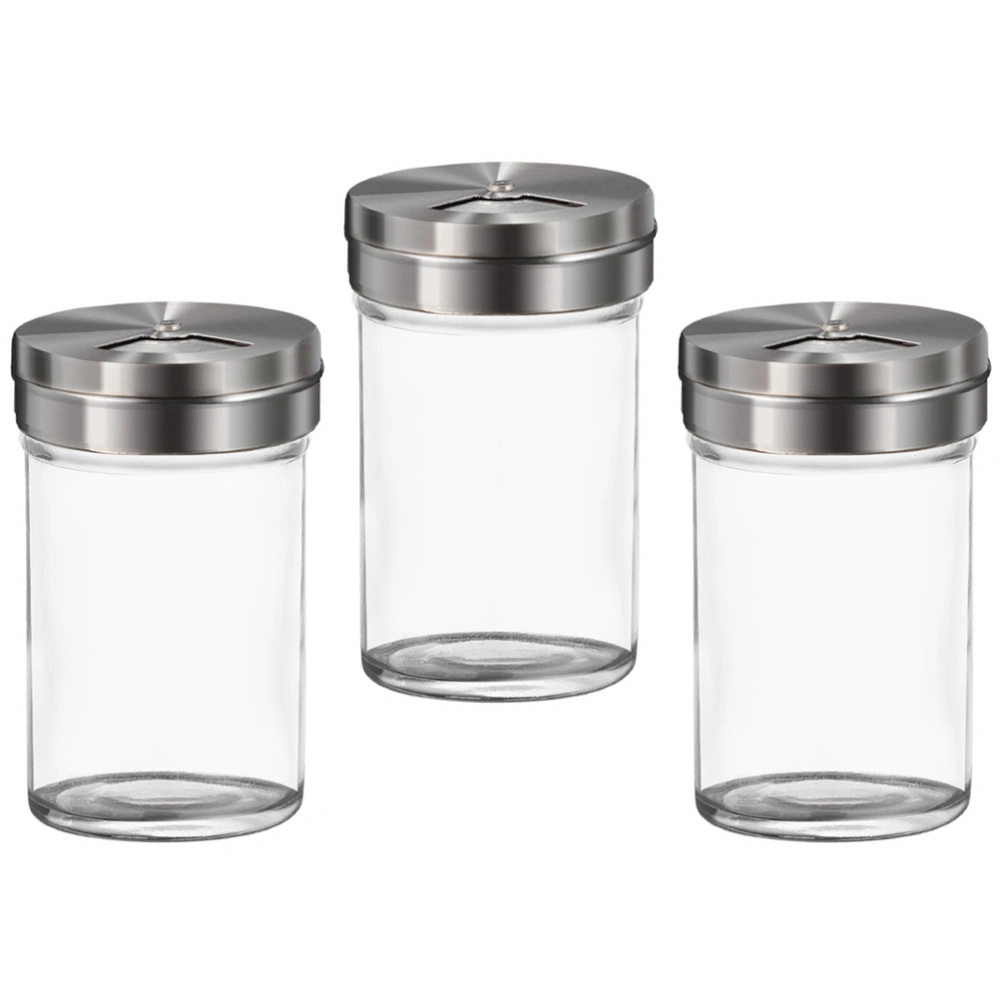 3pcs Glass Seasoning Bottle Spice Pot Pepper Salt Jar Condiment Bottles Condiment Shaker for Barbecue Kitchen (Silver)