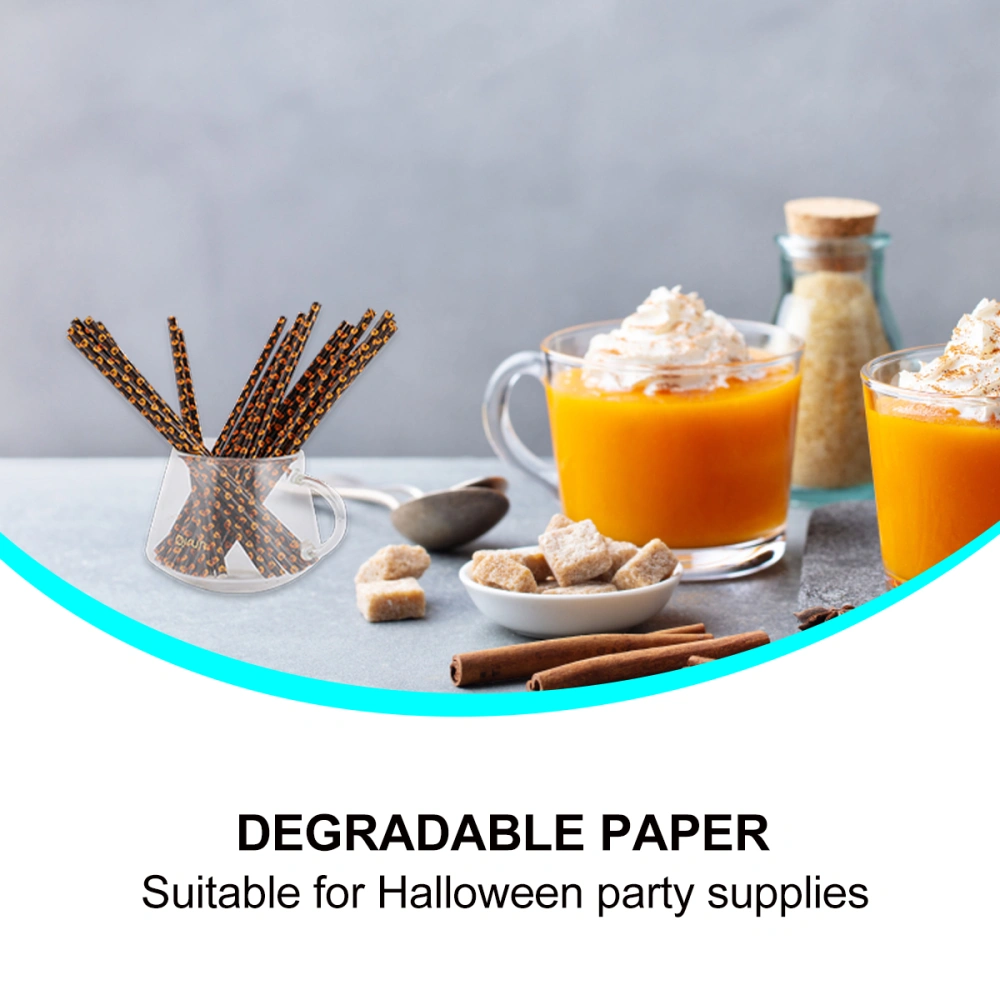 125pcs Creative Pumpkin Pattern Straw Halloween Party Degradable Paper Straw Party Supplies (Black)