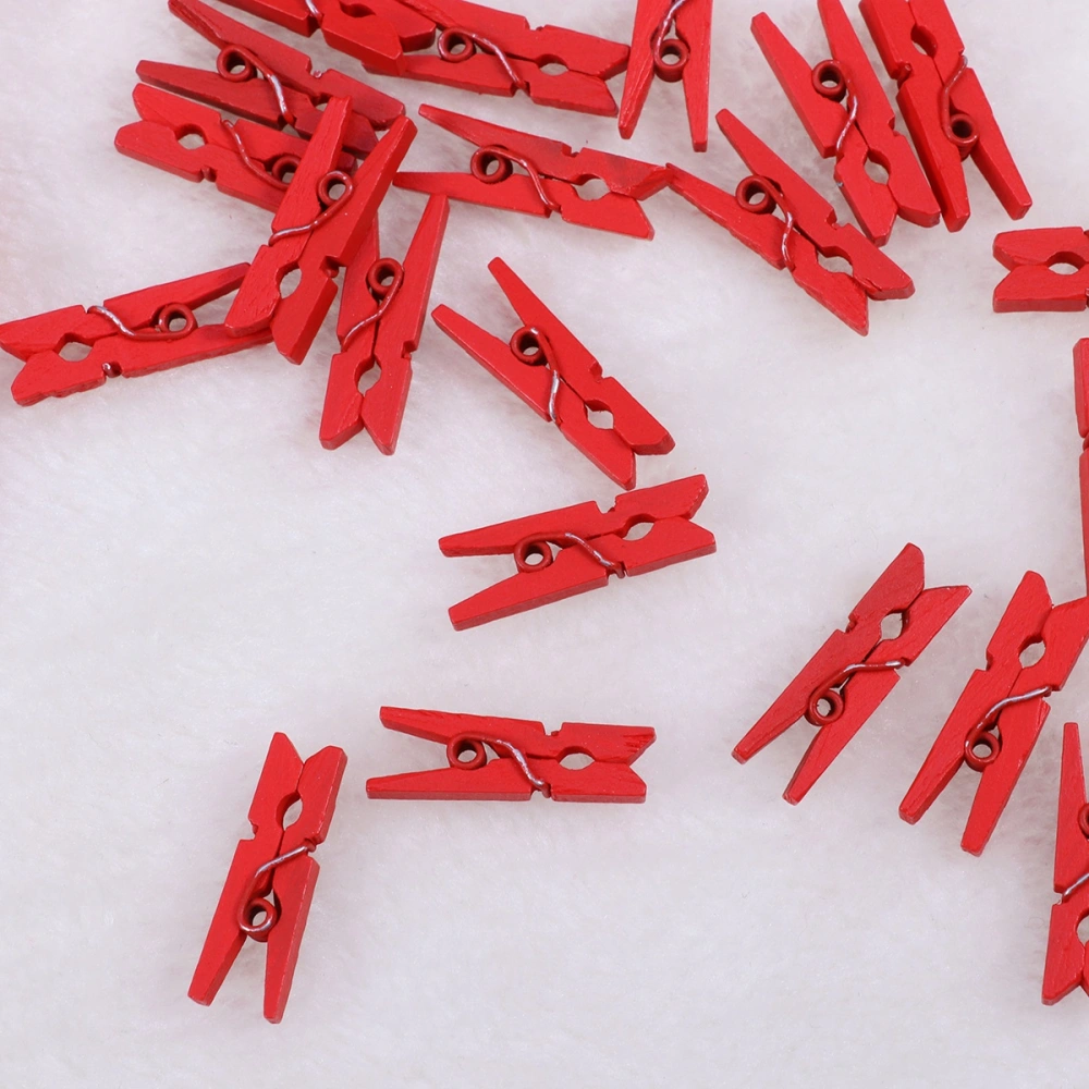 100 pcs Mini Natural Wooden Paper Clips Utility Versatile Clothespin Clips Picture Photo Cable Pictures Organizer Clips for Hanging Photos Painting Artwork (Red)