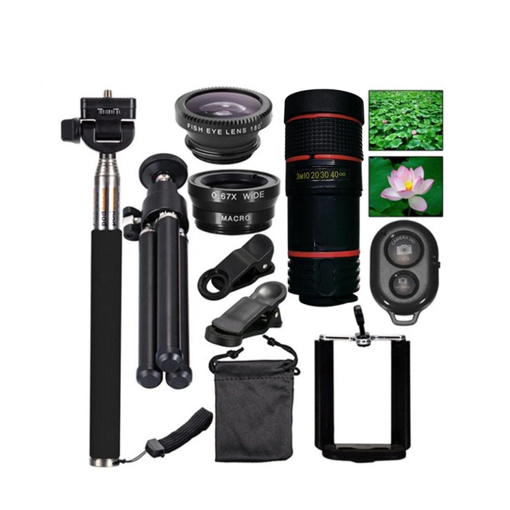 10 in 1 Phone Camera Lens 8 X Fish Eye Wide Angle Telephoto Lens Mobile Phone Lens Tripod for Smart Phone (Black)