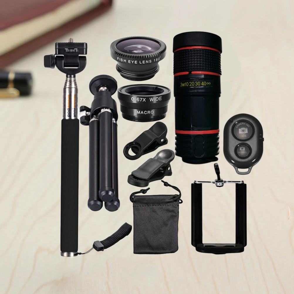 10 in 1 Phone Camera Lens 8 X Fish Eye Wide Angle Telephoto Lens Mobile Phone Lens Tripod for Smart Phone (Black)