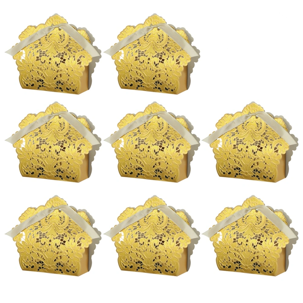 50pcs Wedding Favor Boxes Hollow Out Craft Paper Box For Gifts Candy Sweets with Ribbons (Bright Gold)