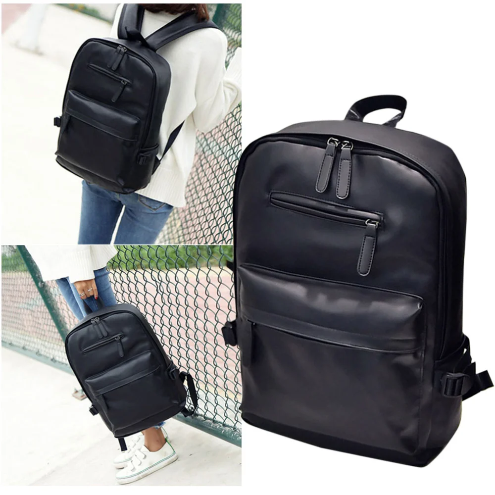 Fashion Large Capacity PU Leather Backpack School College Bookbag (Black)