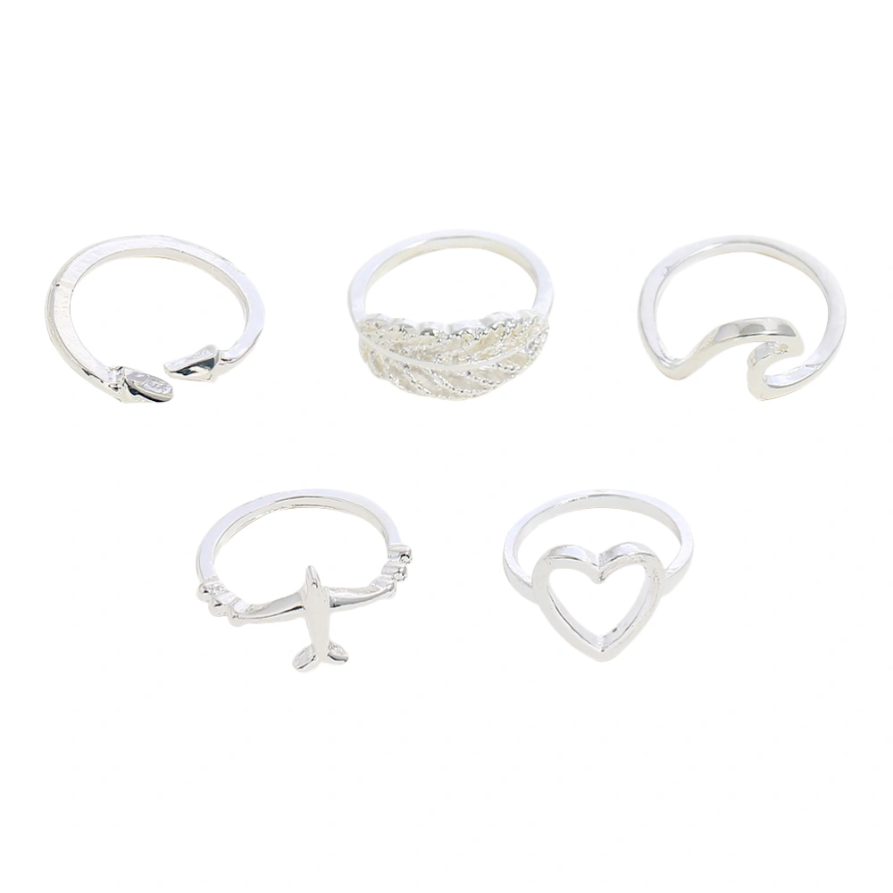 5pcs Fashionable Rings Plane Waves Leaf Loving Heart Hollow Rings for Woman (Silver)