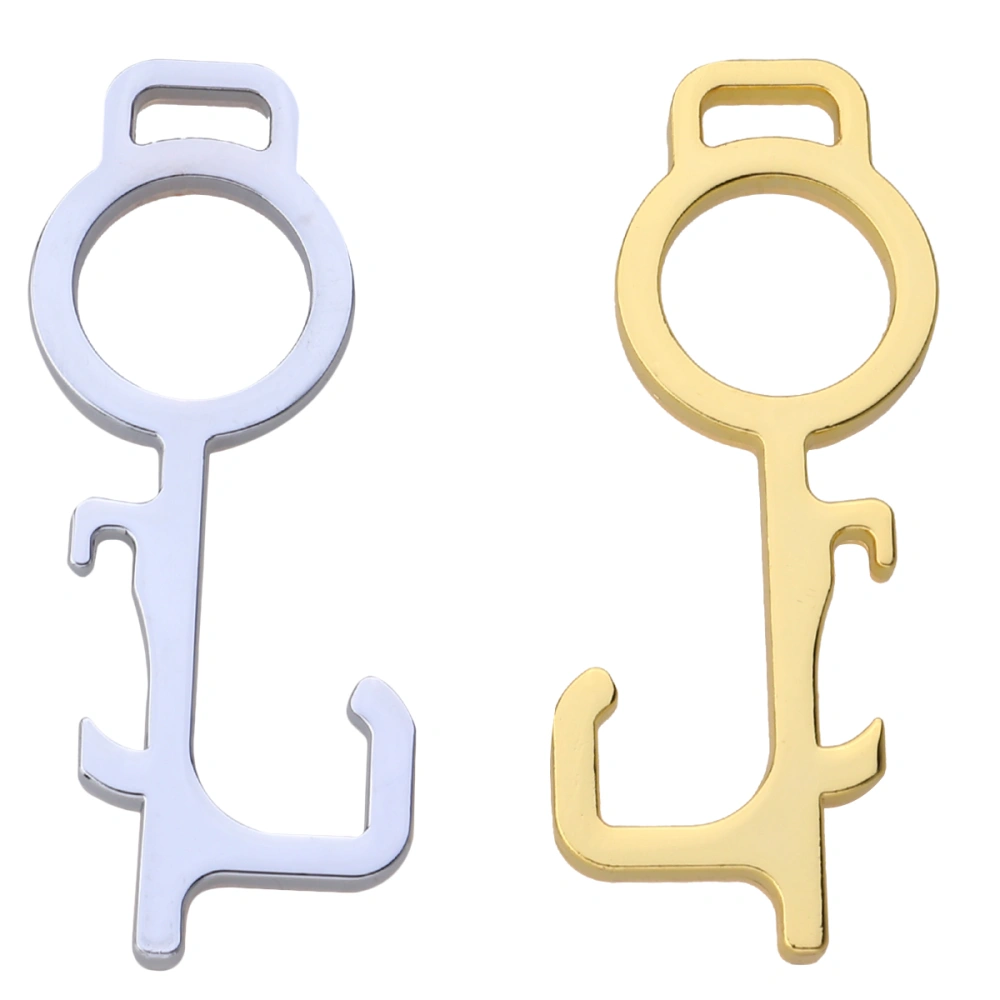 2PCS Free Elevator Button Pressing Tool Door Opener Portable Contact-free Door Handle Key Chain Bottle Opener (Golden Silver)