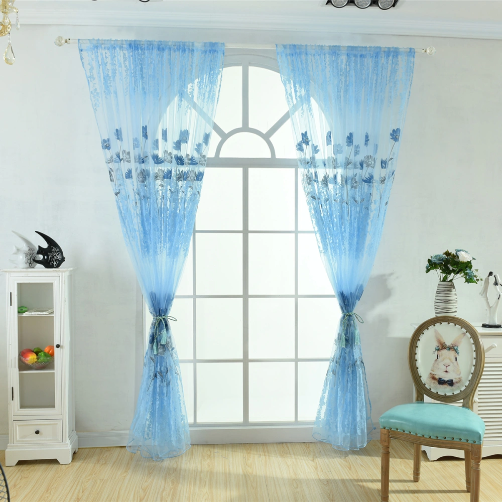 200x100cm Galsang Flower Sheer Curtain Tulle Window Treatment Voile Drape Valance (Blue)