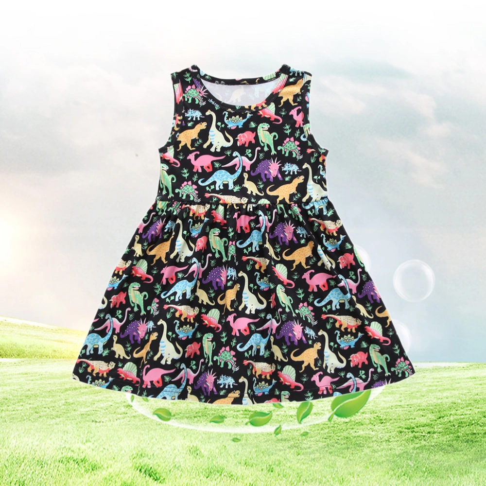 Sweet Skirt Dinosaur Printing Sleeveless Round Neck Dress Girl's Puff Skirt Costume Outfit Summer Apparel (Suitable for the Girl 130cm High, Black)