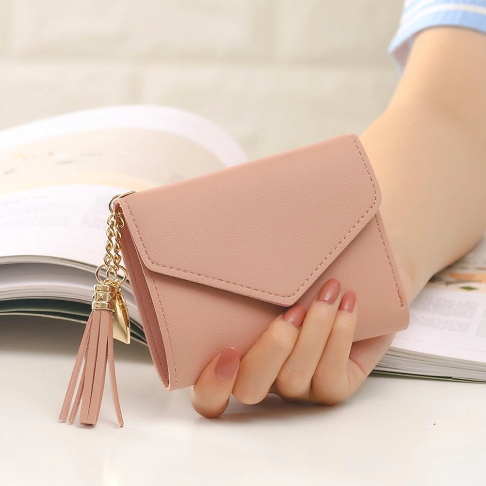Tassel Coin Purse Small Portable Bag Solid Color Wallet PU Pack Pocket for Women (Light Pink)