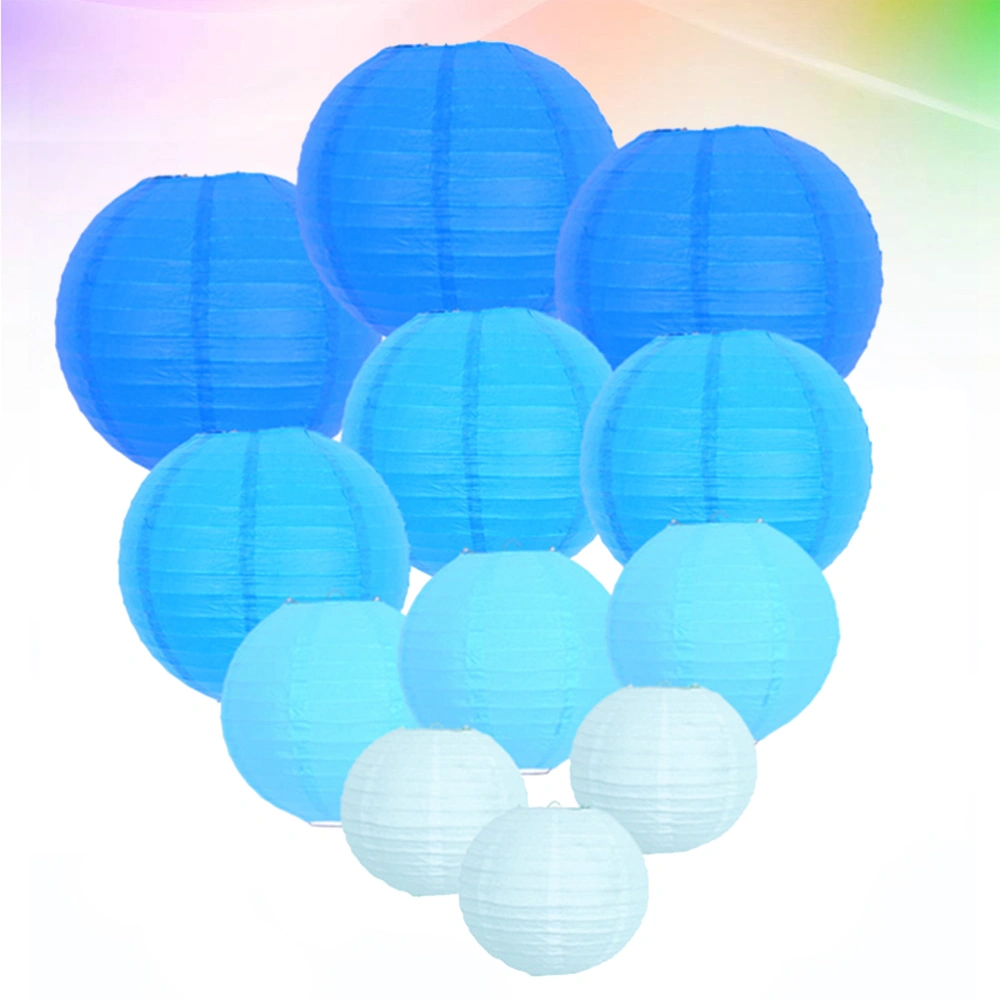 12pcs Foldable Paper Chinese Lanterns Festive Round Hanging Lantern Decor for Party Decoration (Blue, 3pcs 6 Inch, 3pcs 8 Inch, 3pcs 10 Inch, 3pcs 12 Inch)