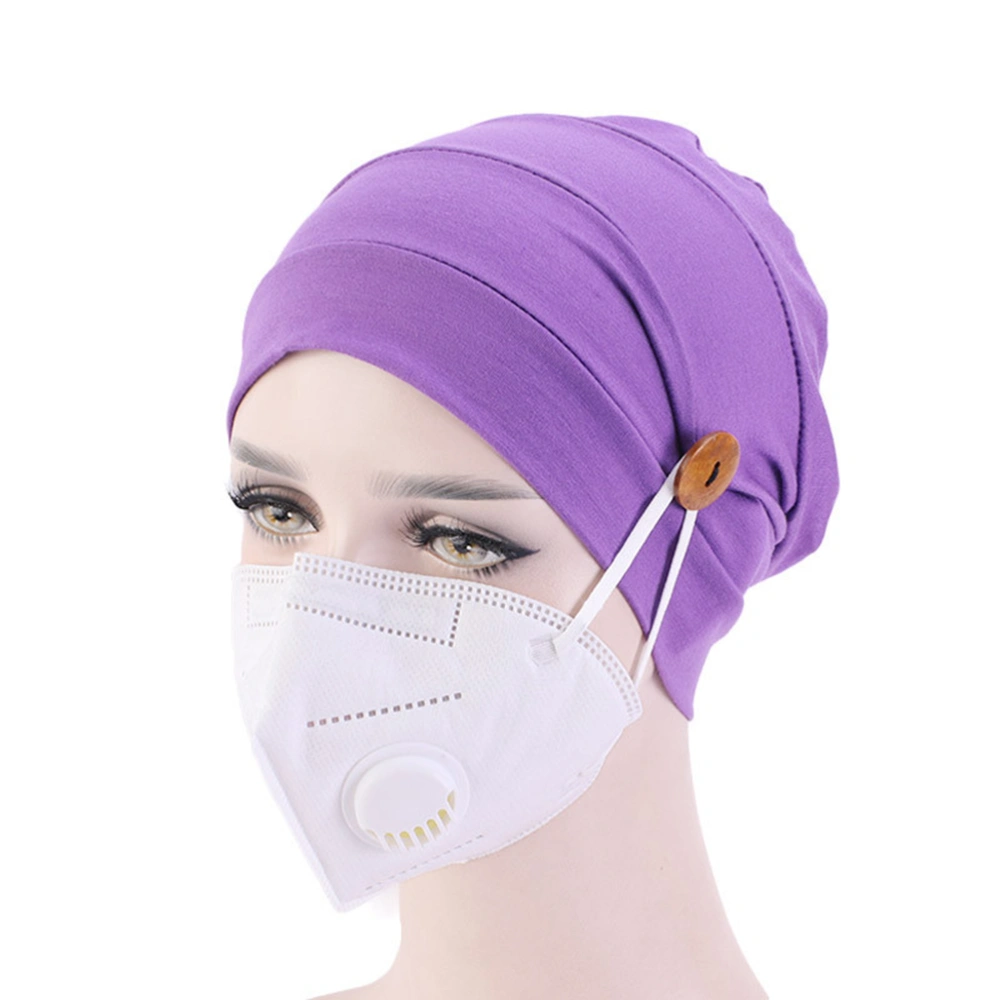 Purple Women Head Wrap Turban Hat Modal Cotton Stretch Chemotherapy Headwrap with Holding Mask Non-slip Button(Mask Not Included)