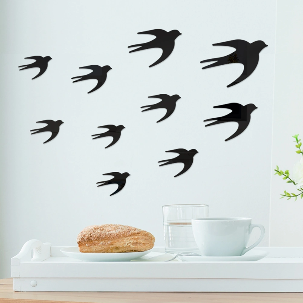 DIY Swallow Mirror Wall Sticker Acrylic 3D Crystal Mirror Sticker Wall Decal for Home Living Room Bedroom(Black)