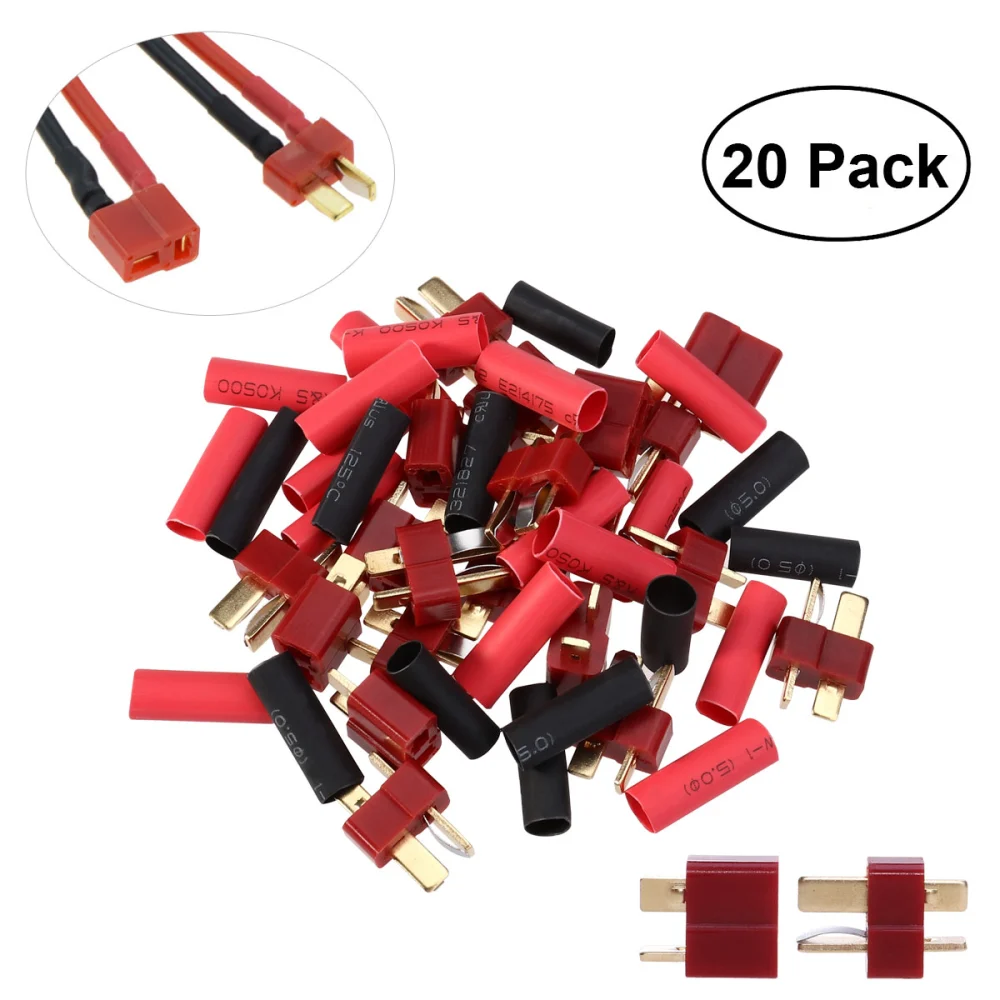 UEETEK 10 Pairs Ultra T-Plug Connectors Deans Style  Male and Female with 20pcs Shrink Tubing For RC LiPo Battery