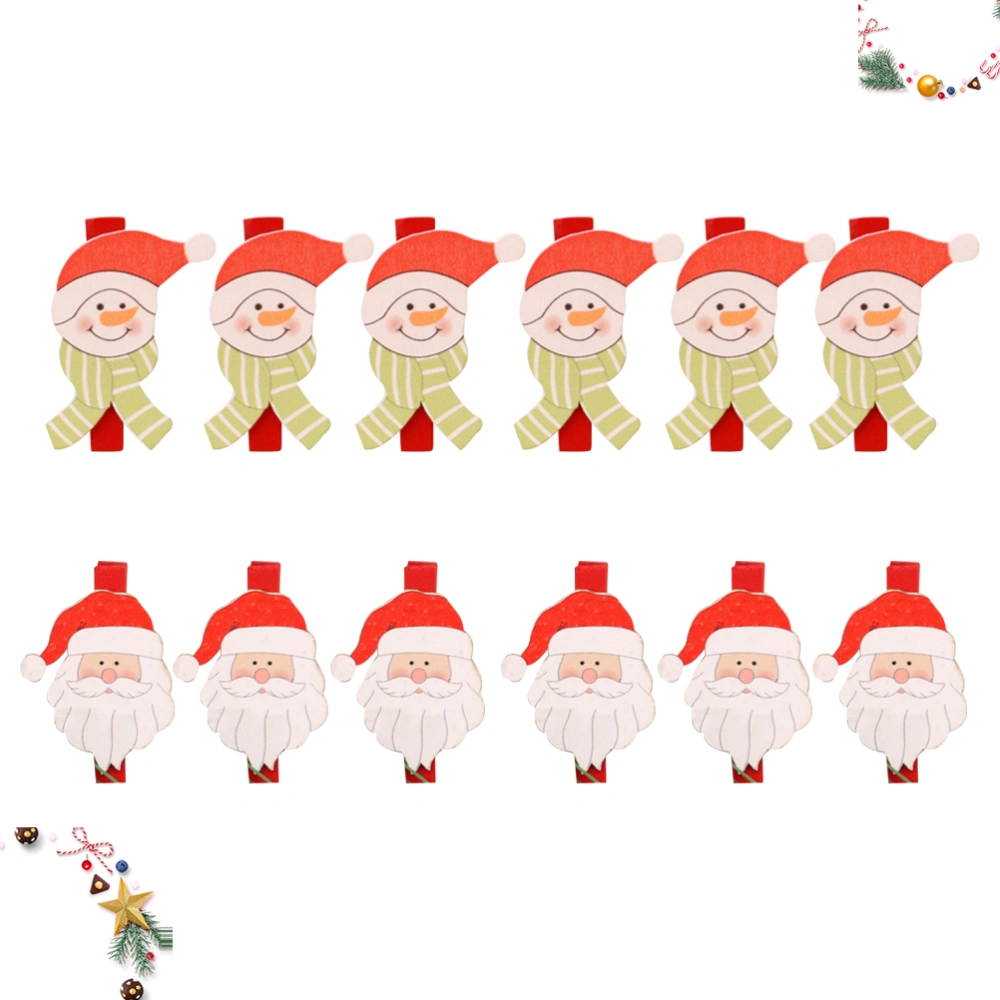 12pcs Christmas Wooden Clips Lovely Paper Photo Holder Cartoon Photo Clips for Home Bedroom (Santa Pattern + Snowman Pattern)