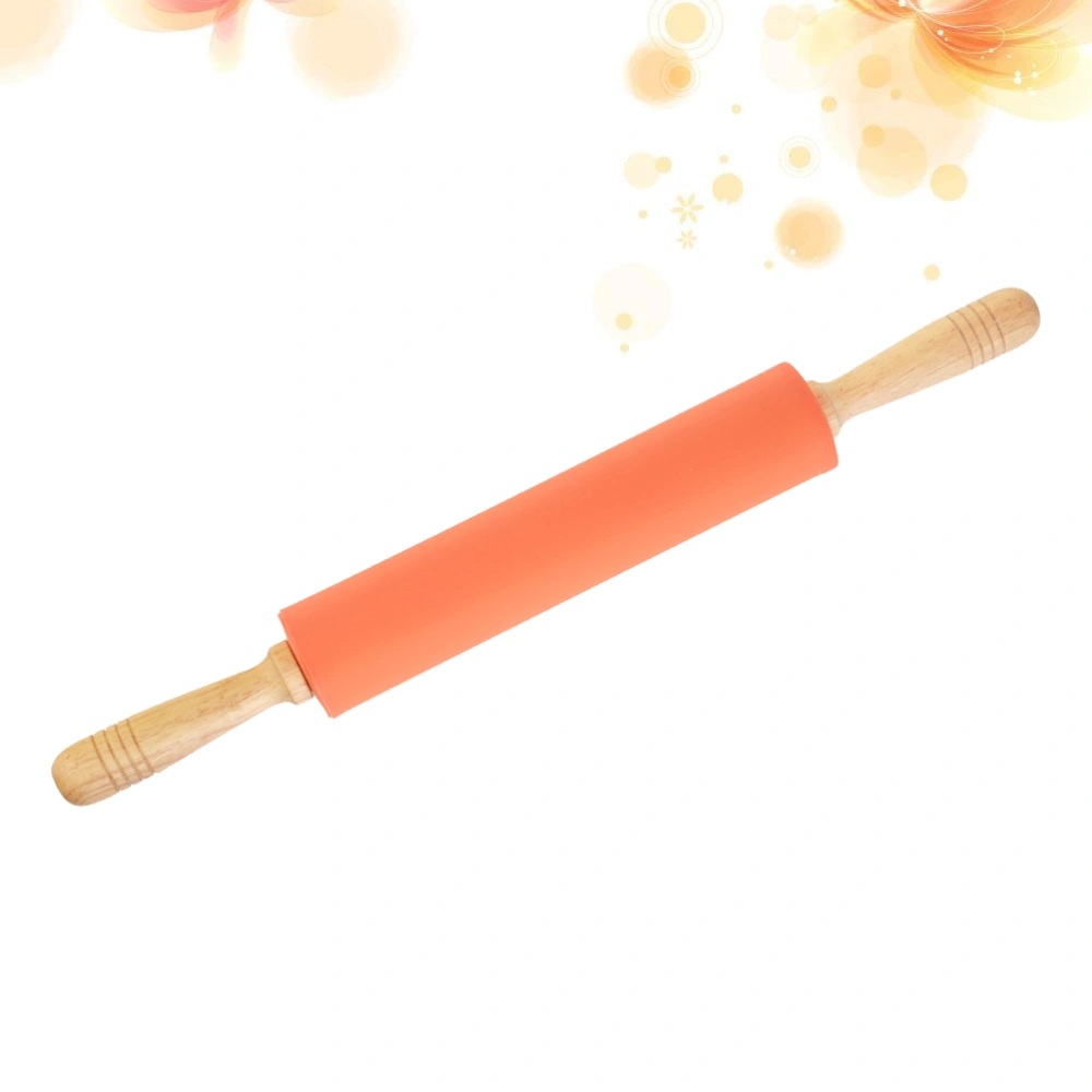 Silicone Dough Rolling Pin Wood Handle Rolling Pin Non-stick Rolling Stick Roller Baking Tools for Home (Orange)