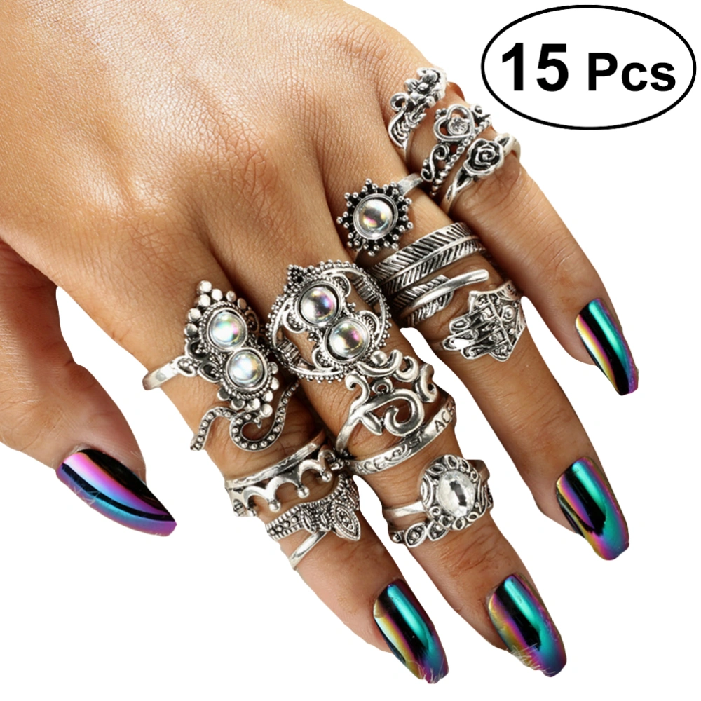 15pcs Bohemia Antique Knuckle Ring Set Woman Vintage Silver Stone Ring Statement Jewelry