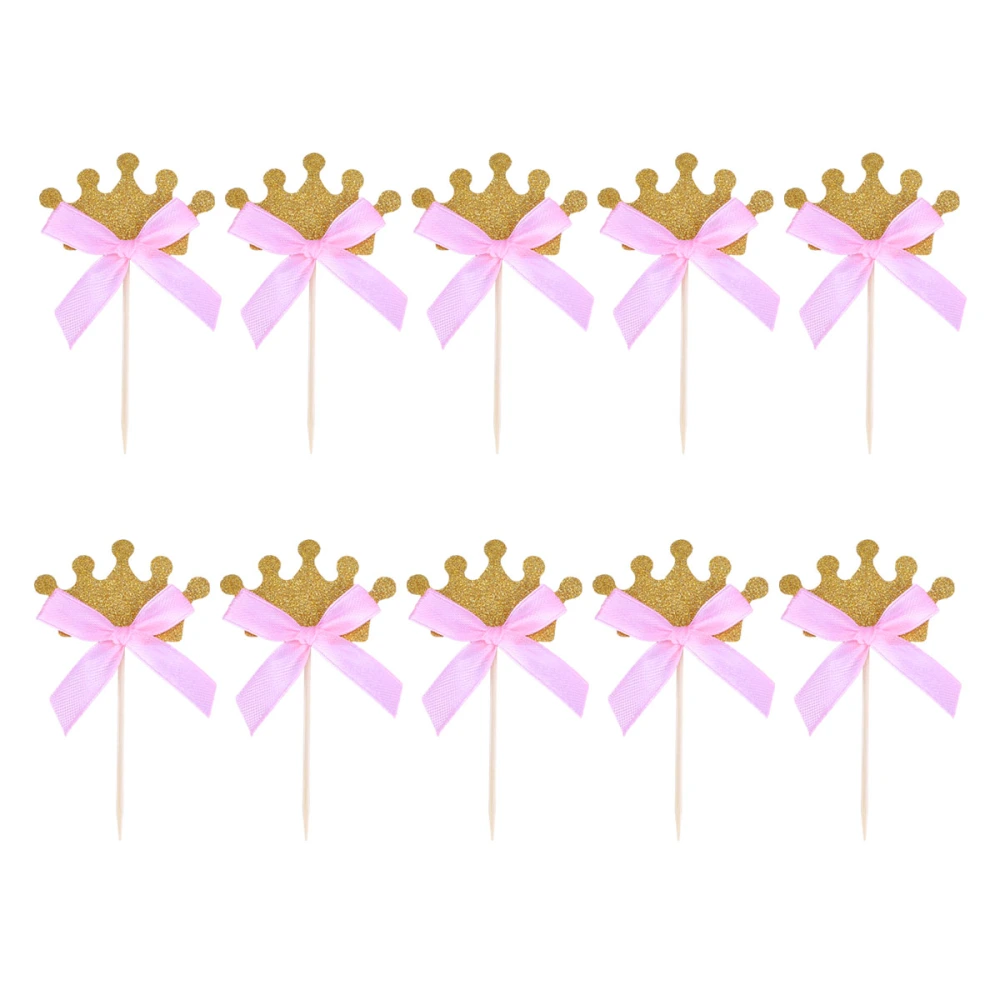 10PCS/Set Children's Birthday Party Theme Crown Bow Cake Decor Insert Cake Topper(Pink)