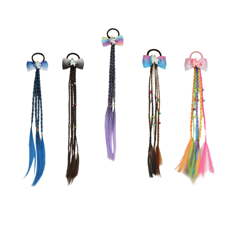 5Pcs Knotted Hair Rings Colorful Gradient Fake Hair Tassel Hair Rope Unicorn Shaped Kids Headdress #1 #2 #3 #4 #5