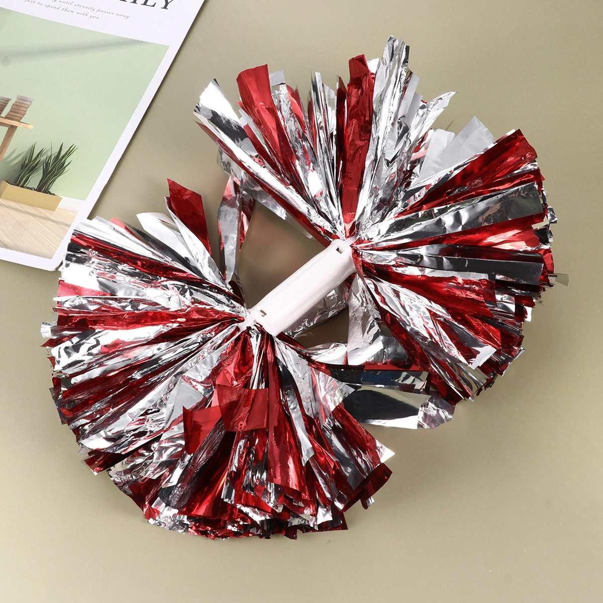 2pcs Colorful Reusable Cheering Poms Spirited Fun Cheerleading Pom Poms Kit Kids Cheer Props with Handle for Performance Competition Cheering Sports Events(Red with Silver)