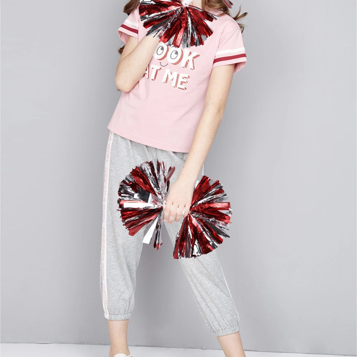 2pcs Colorful Reusable Cheering Poms Spirited Fun Cheerleading Pom Poms Kit Kids Cheer Props with Handle for Performance Competition Cheering Sports Events(Red with Silver)