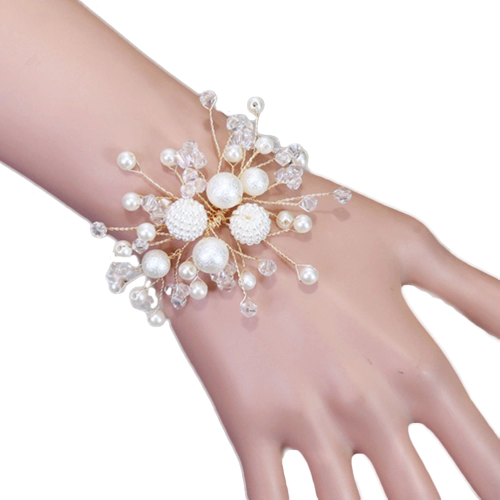 Simple Bridal Bridesmaid Wrist Flower Band Decorative Pearl Beads Wristband Hand Flower for Wedding Party