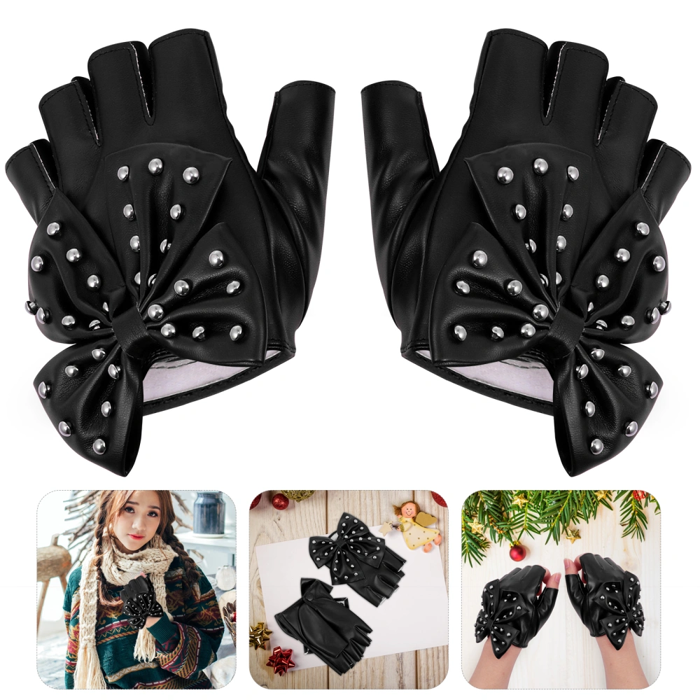 1 Pair of Lady Rivet Bow-knot Half-finger Glove for Christmas Performance