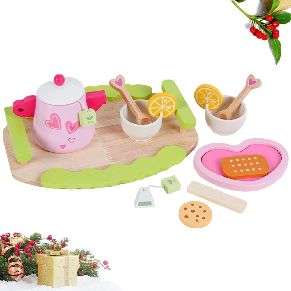 1 Set Role Small Play Props Wooden Tea Service Kitchen Cosplay Educational Toy Cook Tea Pot Cups Plate Set Simulation Model Supplies for Children Kids DIY Craft