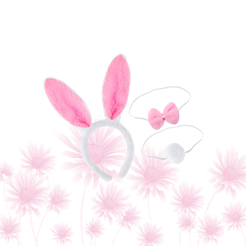 3Pcs Plush Rabbit Design Hair Hoops Headband Bowknot Shape Hair Ties Kids Ponytail Holder Pink