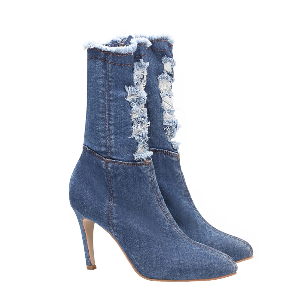 1Pair Elastic Thin Heels Boots Denim High-heeled Boots Autumn Winter Shoes