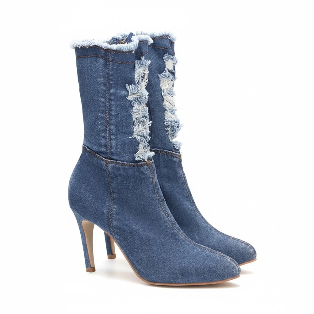 1Pair Elastic Thin Heels Boots Denim High-heeled Boots Autumn Winter Shoes