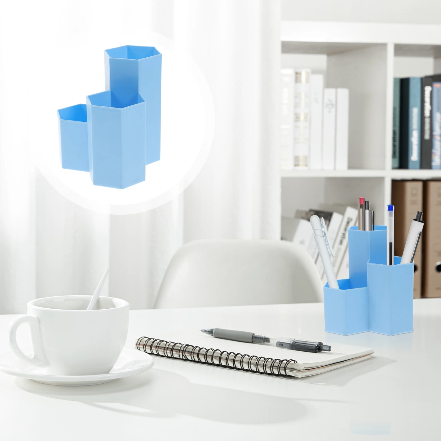 Creative Hexagonal Pen Holder Container Organizer Plastic Desktop Storage Box Student Office Supplies (Blue)