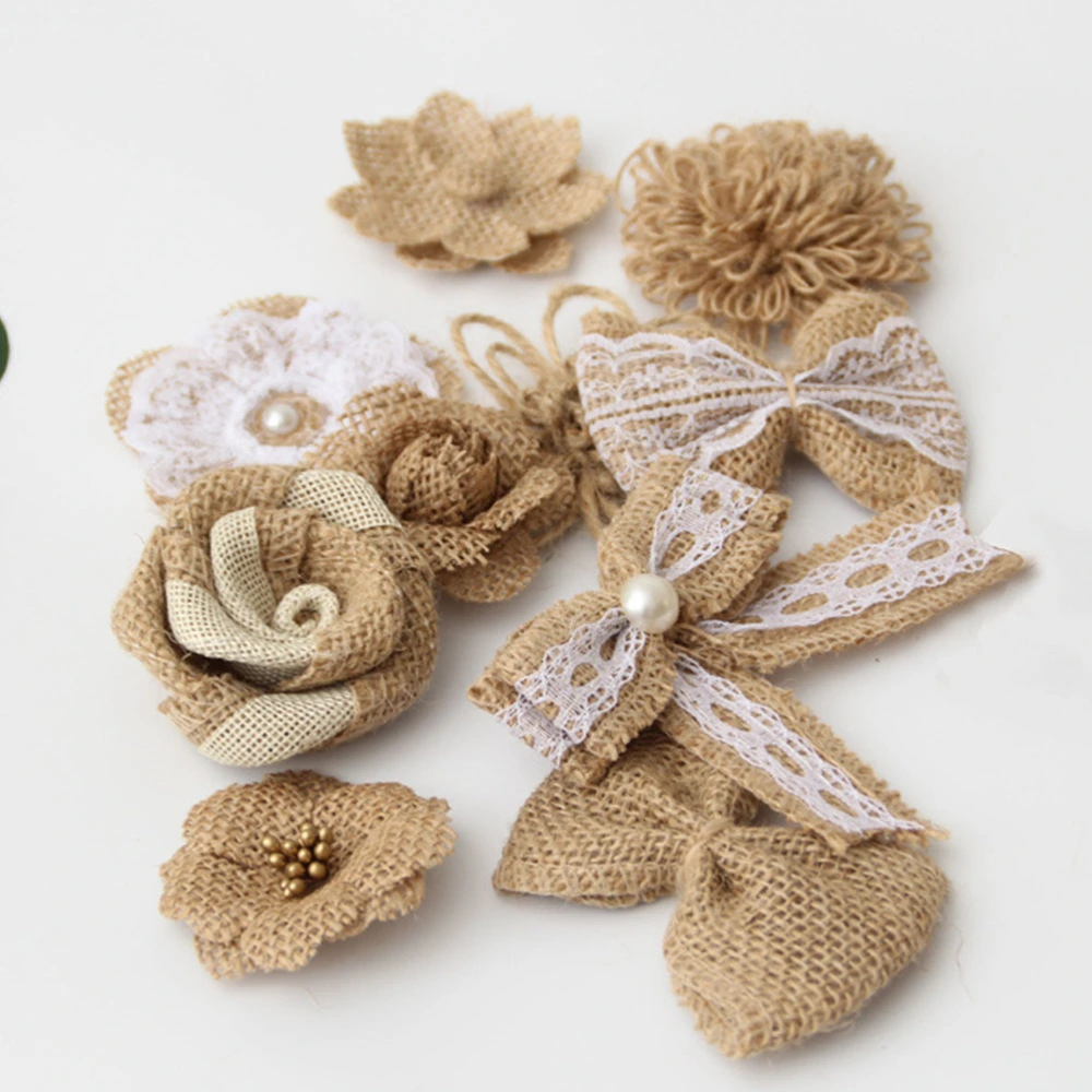 24pcs in 1 Set Jute Flower DIY Burlap Floral Ornaments Vintage Handmade Linen Materials Rustic Party Favor Christmas Decoration Wedding DIY Craft