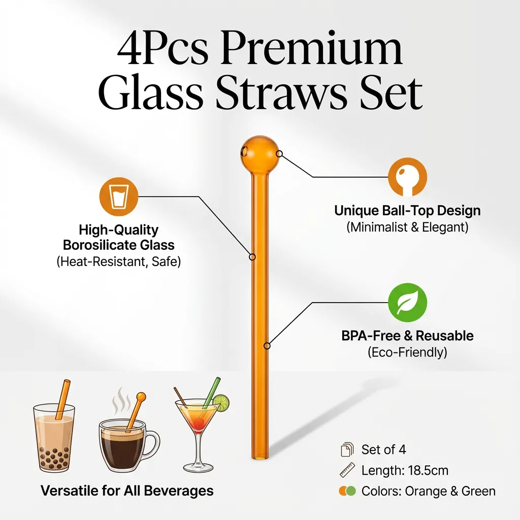 4Pcs Glass Straws Household Glass Straws Colored Beverage Straws Milk Tea Straws