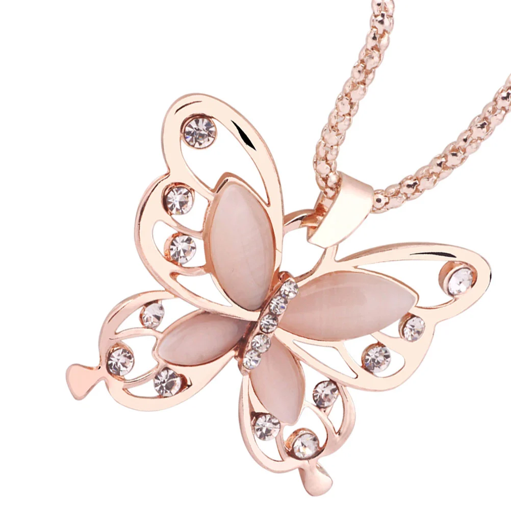 Women Long Necklace Rose Gold Opal Pendant Sweater Chain Necklace Clothing Long Jewelry