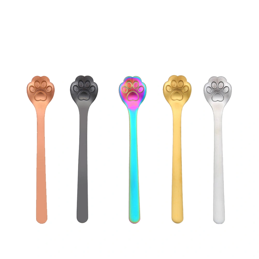 5PCS Stainless Steel Stirring Spoon Set Creative Cat Paw Shape Coffee Spoon Dessert Spoon Tableware Scoop for Home Restaurant (Natural Color and Golden and Rose Gold and Colorful and Black)