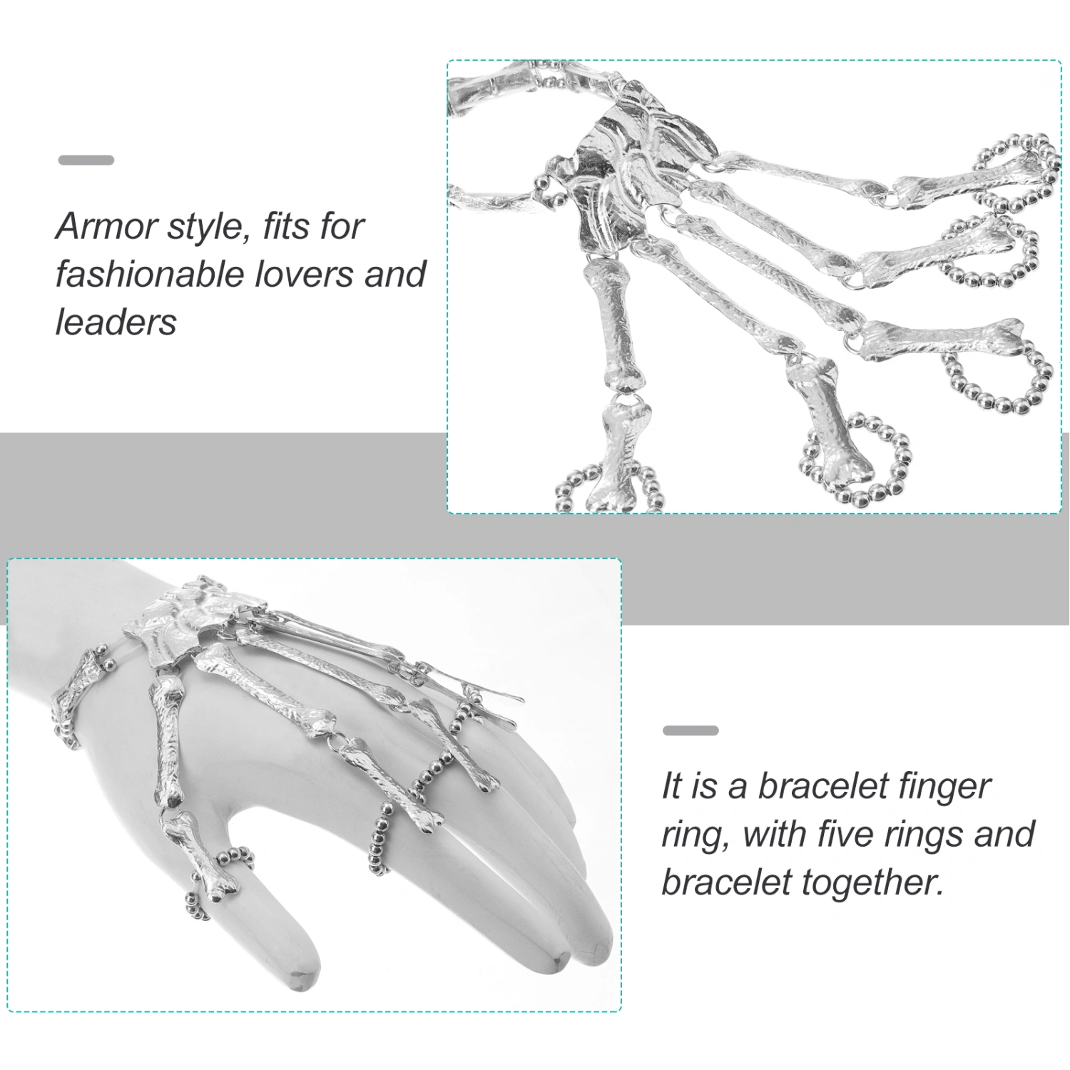 Punk Skeleton Hand Chain Fingers Bracelet Slave Ring (Silver)