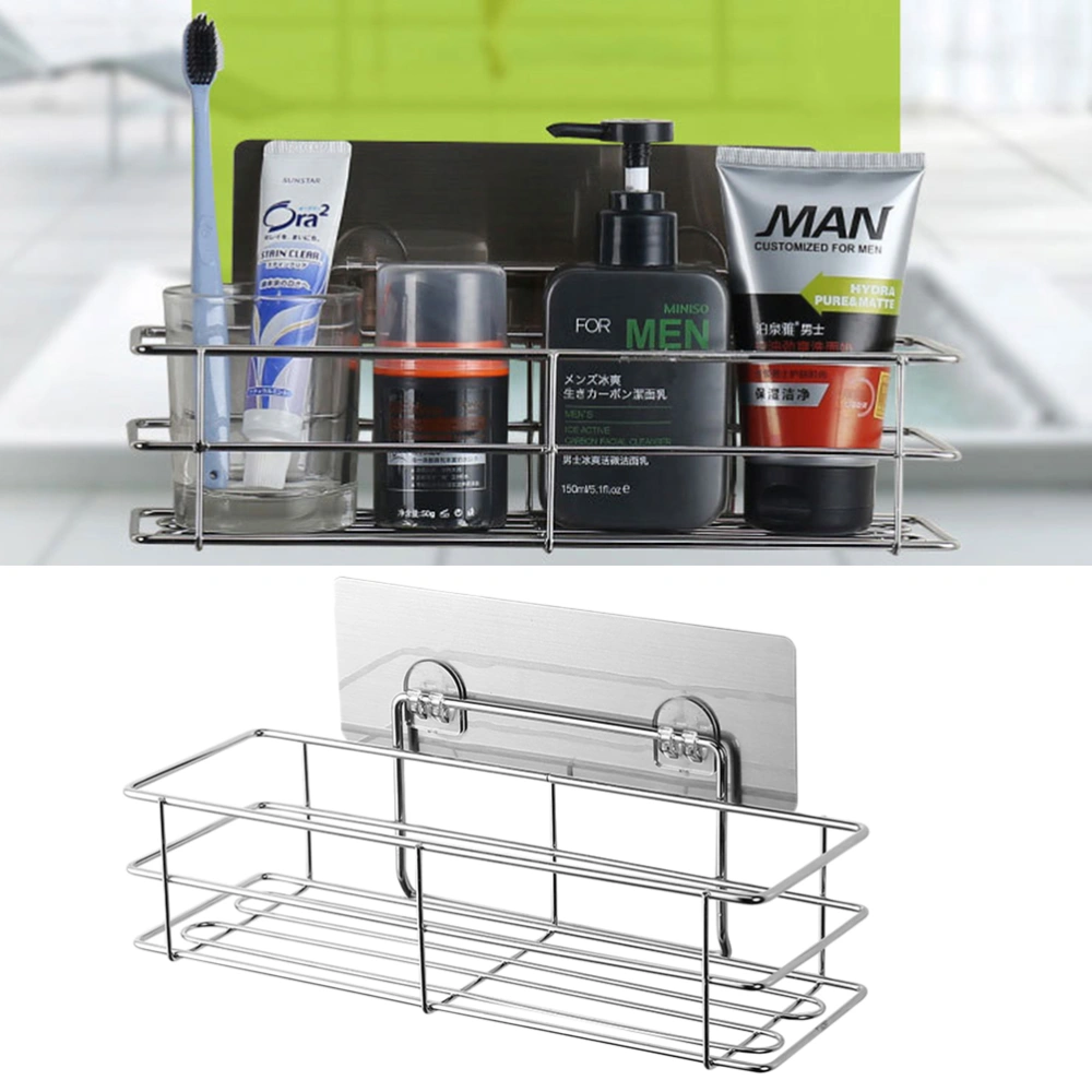 Adhesive Bathroom Shelf Organizer Shower Caddy Kitchen Storage Rack Wall Mounted No Drilling Rustproof Stainless Steel Wire Basket Hook(Silver)