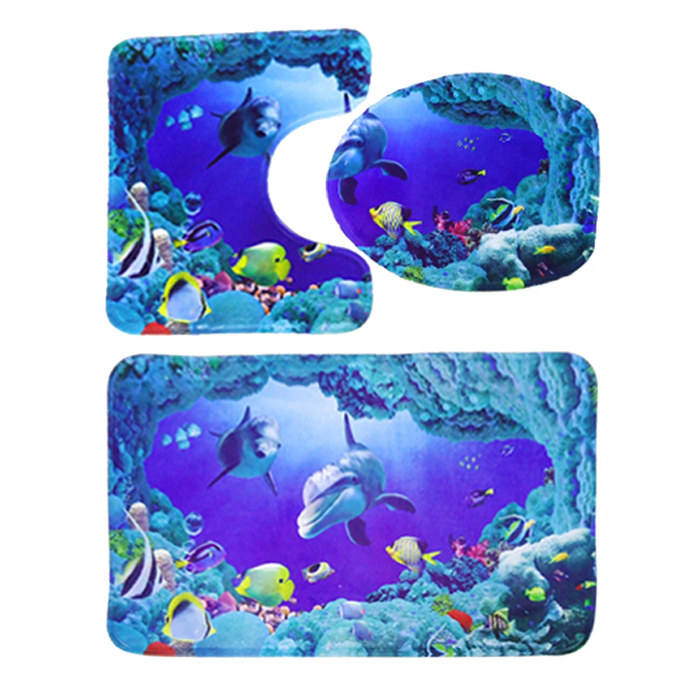 3pcs Shower Mat Absorbent Sea Animals Printing Non-slip Bathroom Rug Bath Mat Rug Toilet Lid Cover - 45x75cm