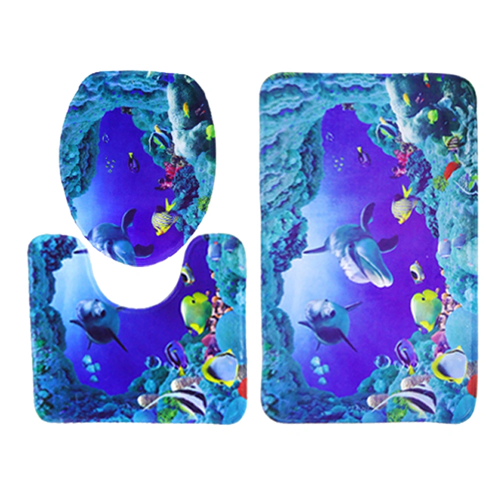 3pcs Shower Mat Absorbent Sea Animals Printing Non-slip Bathroom Rug Bath Mat Rug Toilet Lid Cover - 45x75cm
